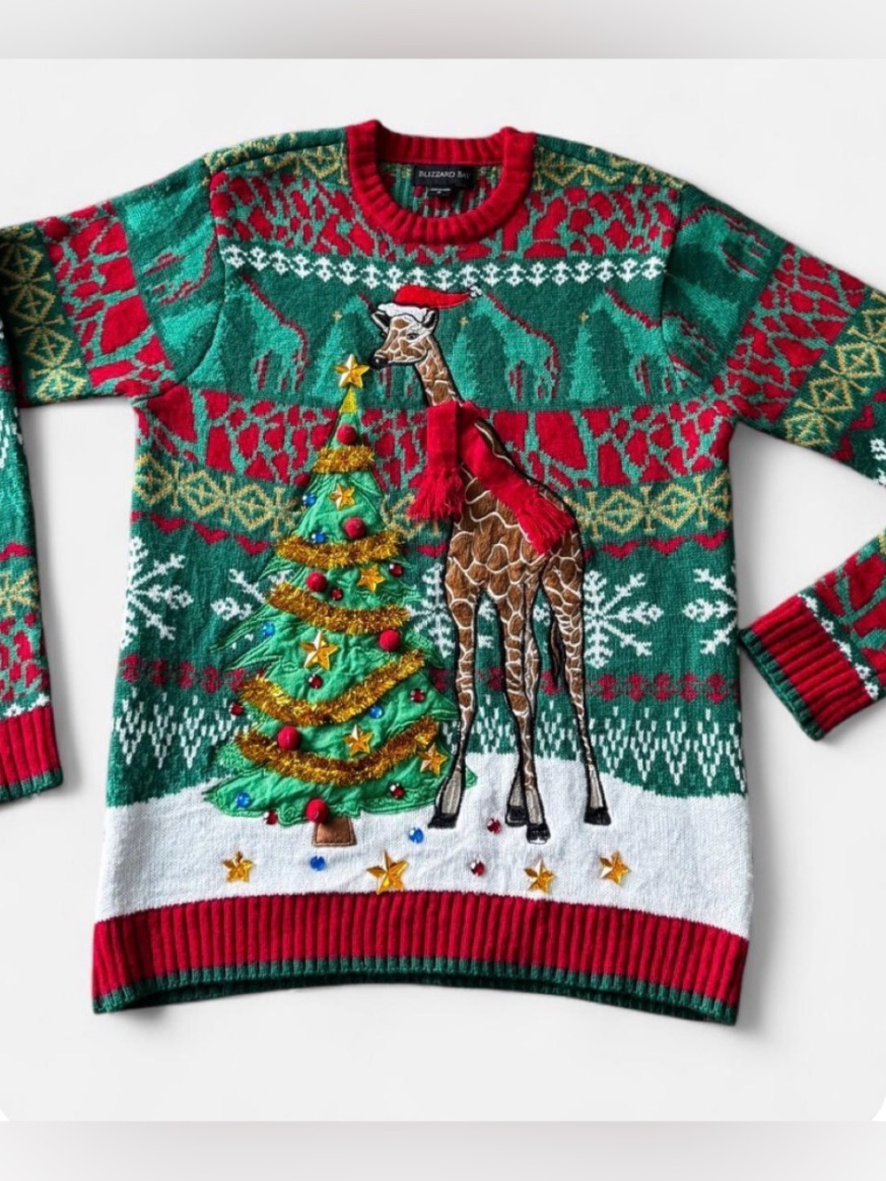 Blizzard Bay Holiday Giraffe Christmas Tree 3D Sweater Men’s S Ugly Party Stars